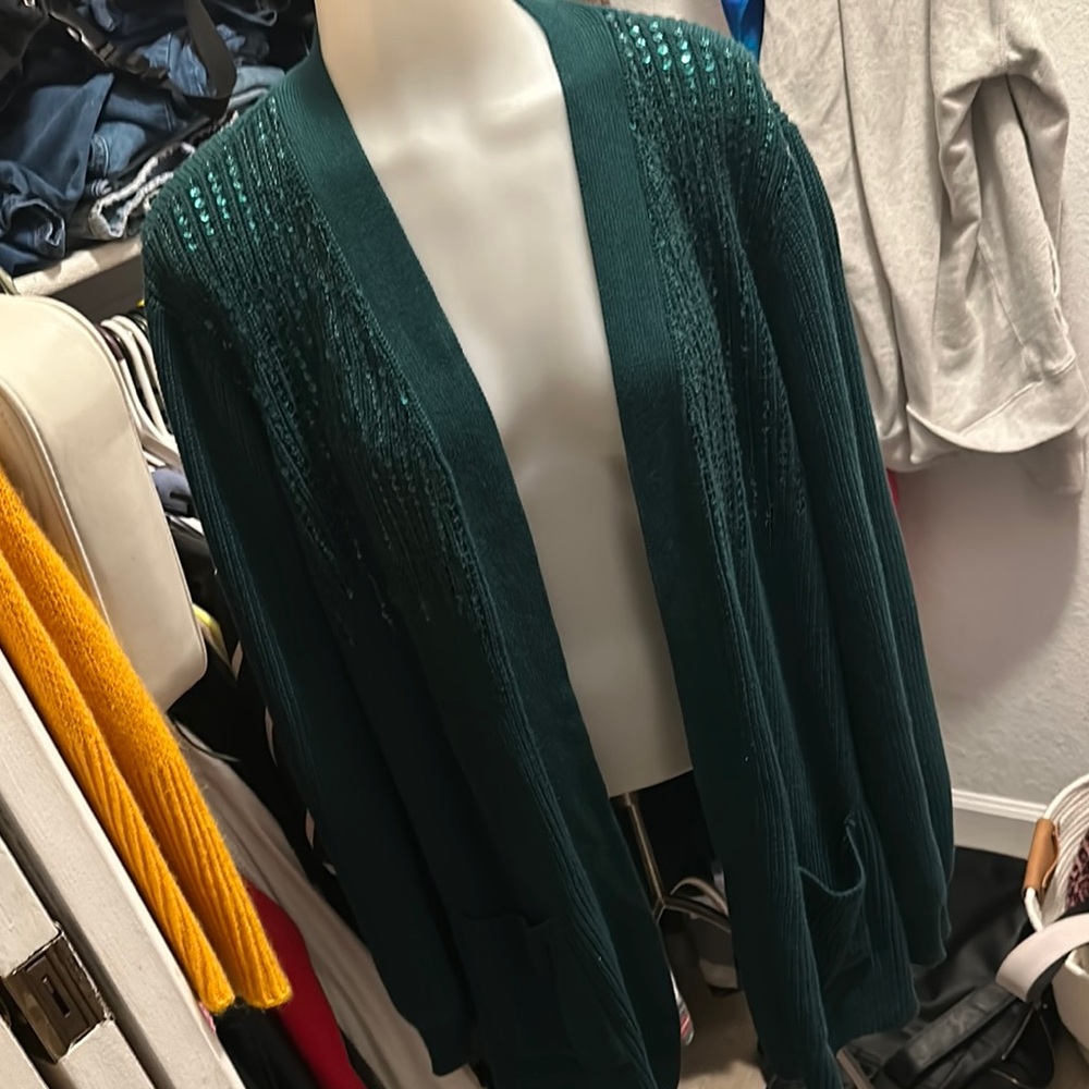 Alfani Green Open Front Cardigan with Ribbed Knit and Full Length Sleeves